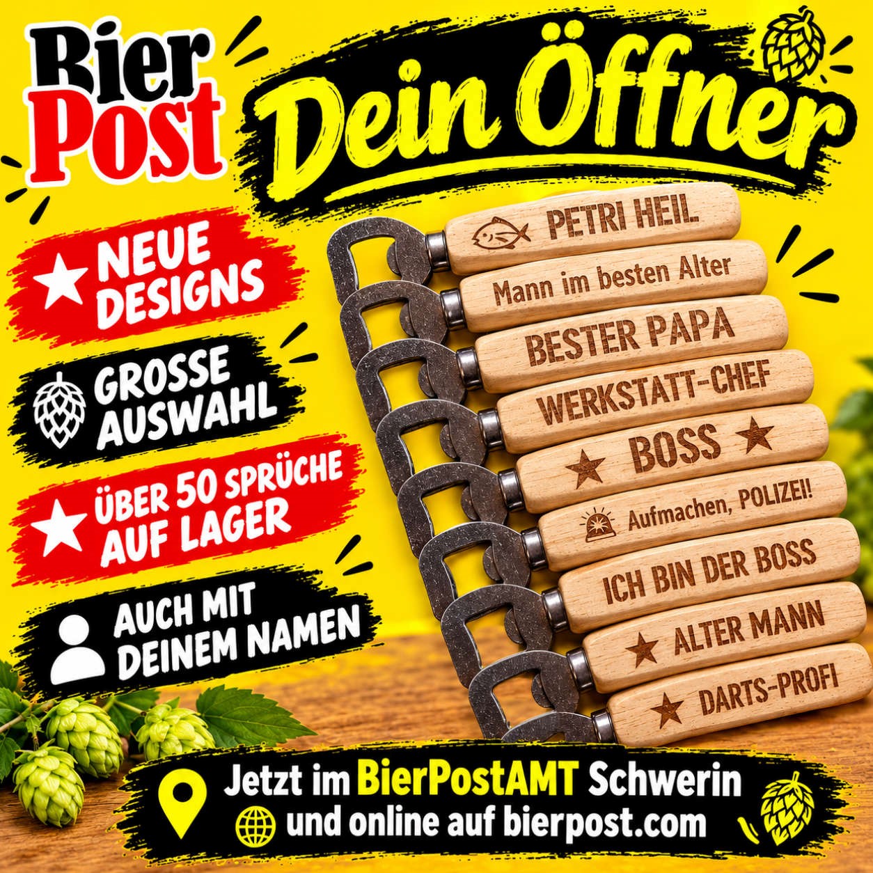 Bild von Flaschenöffner - STANDARD - SPRUCH MIT AUSWAHL - OHNE Piktogramm - Rückseite mit BierPost.com 